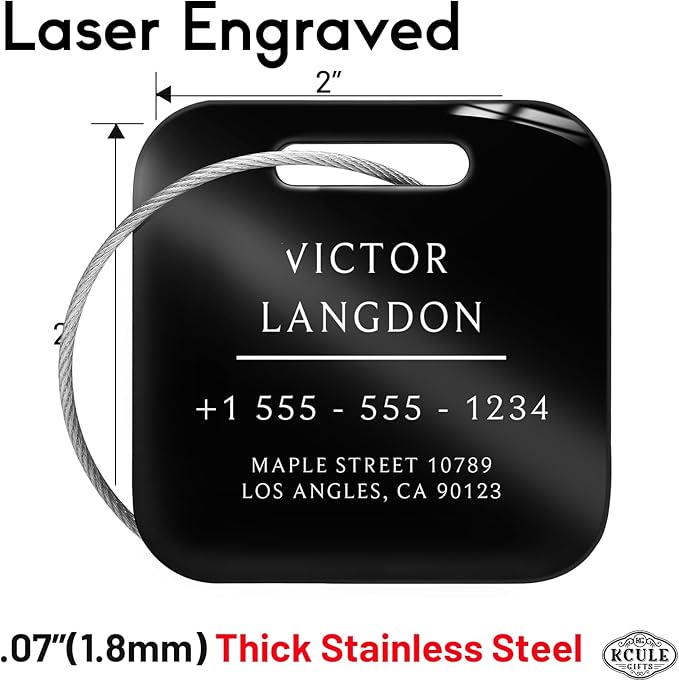 Stainless Luggage Tags for Suitcases 4 Pack: Metal Personalized Luggage Tags for Backpacks & Bags with Customizable Texts (Black)
