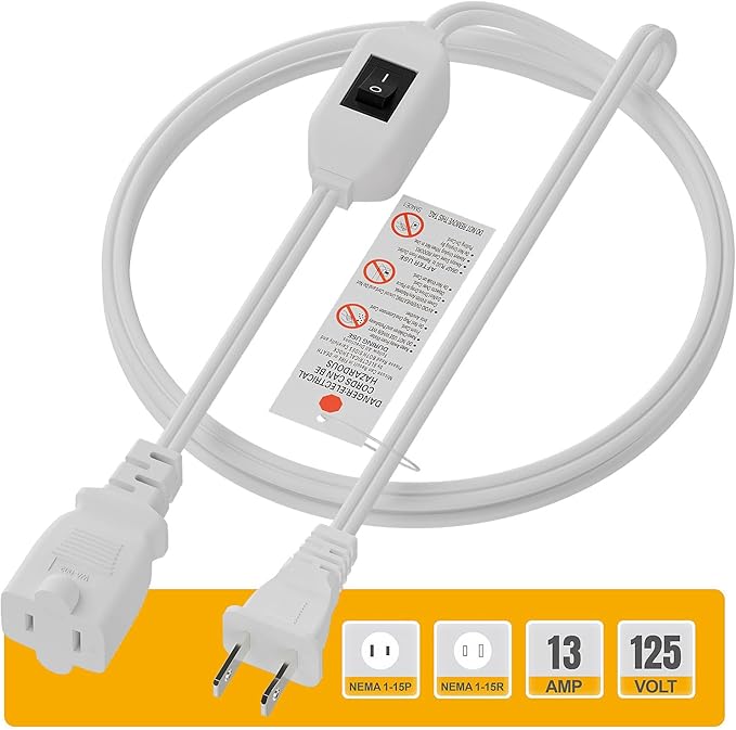 6FT On Off Switch Extension Cord, Plugrand 2-Prong Polarized Extension Cord with On-Off Inline Switch 12A 125V for Your Chargers/Lamp/Power Adapters Etc, 16AWG Cord White