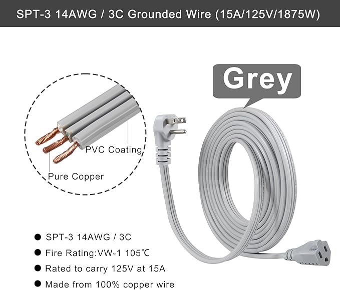 KUNCAN Appliance Power Extension Cord - 3 Prong Flat Wire SPT-3 14 AWG Heavy Duty Male to Female Extender Low Profile Grounded Cable for Major AC Unit, Air Conditioner, Refrigerator (25 Feet)