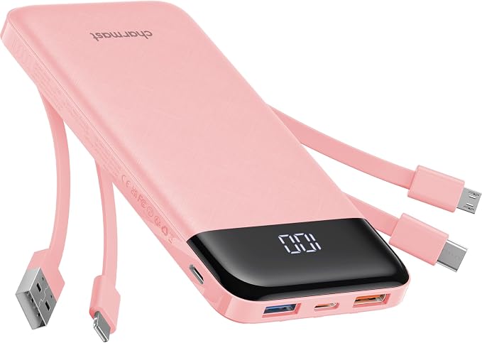 Charmast Portable Charger with Built in Cables, Power Bank with Cords Wires, Slim 10000mAh Travel Battery Pack 6 Outputs 3 Inputs 3A Fast Charging for Samsung Google Pixel LG Moto iPhone iPad
