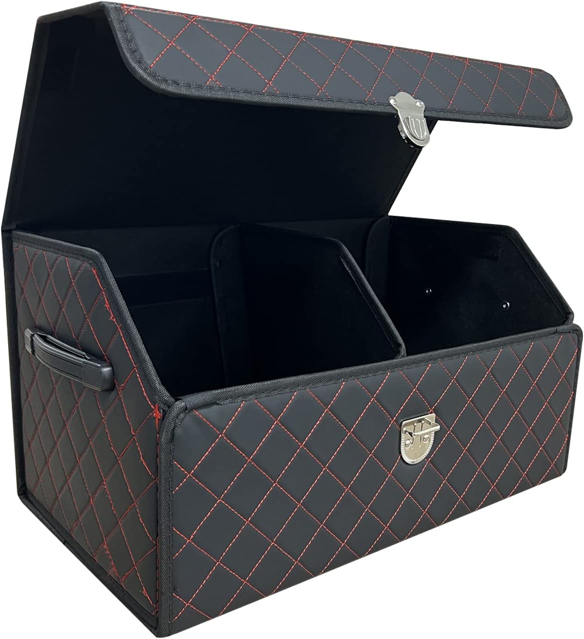 Trunk Organizer for Car With Lid,Foldable Trunk Organizer for SUVs & Sedans,Multi-Functional Leather Storage Box- Black Red Grid - Small