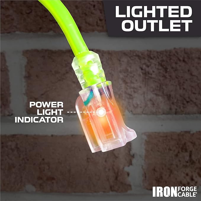 Iron Forge Cable Weatherproof 15 Ft Outdoor Extension Cord - 16/3 SJTW 13 Amp Heavy Duty Neon Green High Visibility Cable with 3 Prong - Lighted End