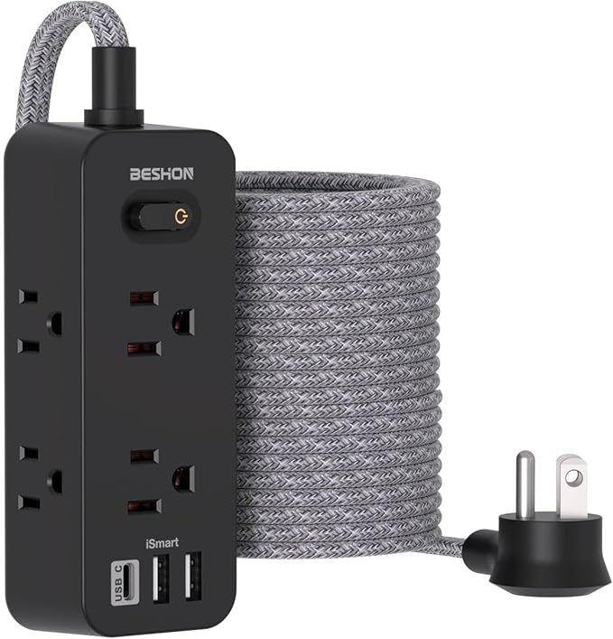 Extension Cord 20FT, BESHON Power Strip Surge Protector, 6 Outlets with 3 USB Ports(1 USB C Outlet), 3-Side Outlet Extender, Wall Mount, Compact for Travel, Home, College Dorm Room, and Office, Black