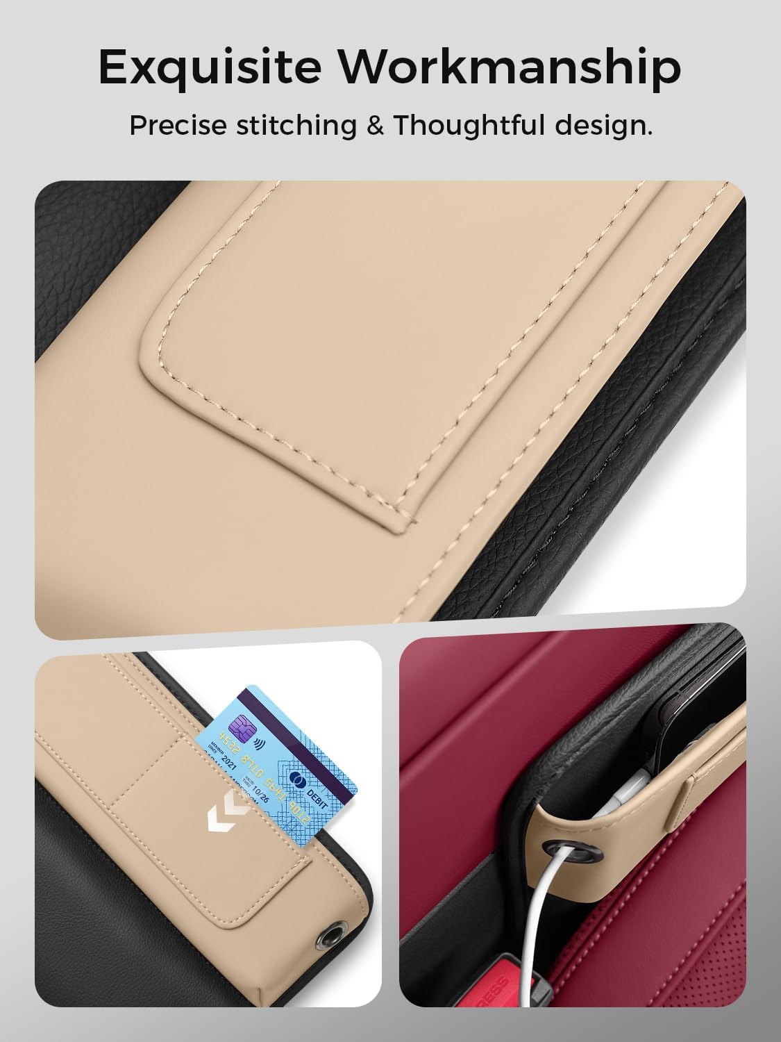 Car Seat Gap Filler Organizer – Phone Holder, Key,Card,Coin Slot, Premium Nappa Style Microfiber Leather (Beige)