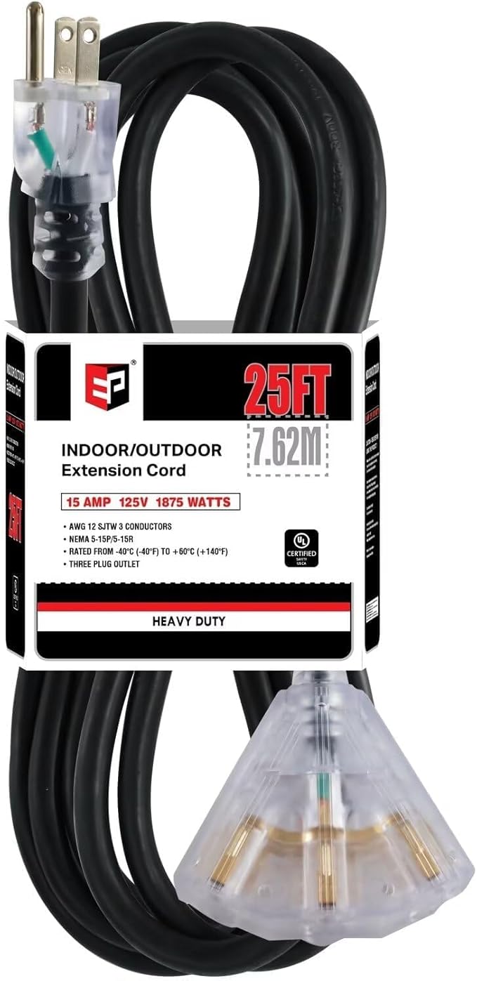 EP 25 Ft 12 Gauge Heavy Duty Extension Cord, 15A 125V 1875W, 3 Outlet Indoor/Outdoor Power Cord with Lighted End, 12/3 SJTW Weatherproof Black
