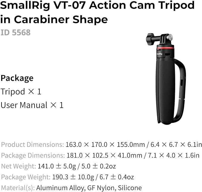 SMALLRIG Portable Action Camera Tripod in Carabiner Shape, 6.5-13.6in