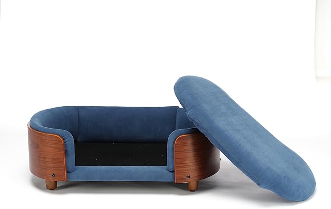 Scandinavian Style Elevated Dog Bed, Pet Sofa with Solid Wood Frame & Walnut Bent Wood Back, Orthopedic Support, Removable Washable Velvet Cover, Small Size, Dark Blue