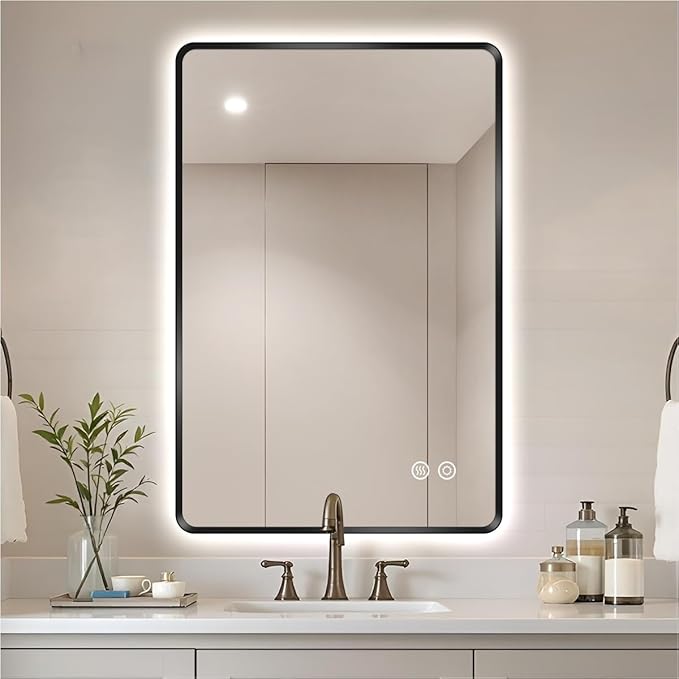 28" x 36" Black LED Bathroom Mirror, Smart Touch Switch, Anti-Fog, Backlit Mirror, 3-Color Dimmable Lighting, CRI≥93, Modern Bathroom Vanity Wall Mirror with Lights (Horizontal/Vertical)