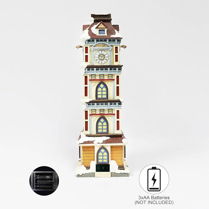 MOMENTS IN TIME Lighted Christmas Clock Tower 14.5” LED Hand-Painted Polyresin
