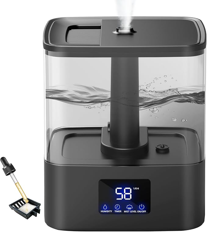 KZF 4L Top Fill Humidifiers for Bedroom & 60H Runtime - Cool Mist Humidifier, 3 Mist Levels, 8H Timer, Essential Oil Tray, Humidity Display, Quiet for Bedroom, Baby, Plants, Large Room (Black, 4L)