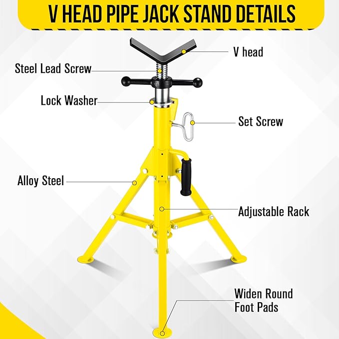 V Head Pipe Jack Stand, Heavy Duty Pipe Stand, 2500LB Jack Stands Carbon Steel with Portable Folding Legs 28-52 Inch Height Adjustable 1/8"-12" Capacity