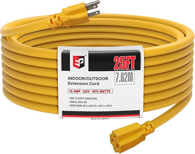 EP 12/3 25 FT Indoor Outdoor Yellow Extension Cord Waterproof, 12 Gauge 3 Prong Power Cord Flexible Resistant Appliance Extension Cable Electric Cable Outside, 15A 1875W 12AWG SJTW, ETL Listed