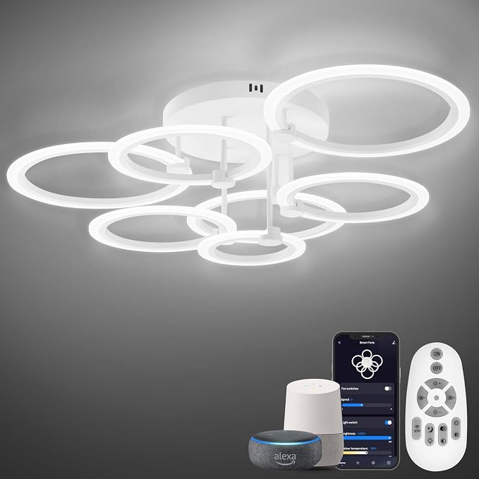 Smart LED Ceiling Light, 7-Ring Modern Flush Mount Fixture, 130W Dimmable