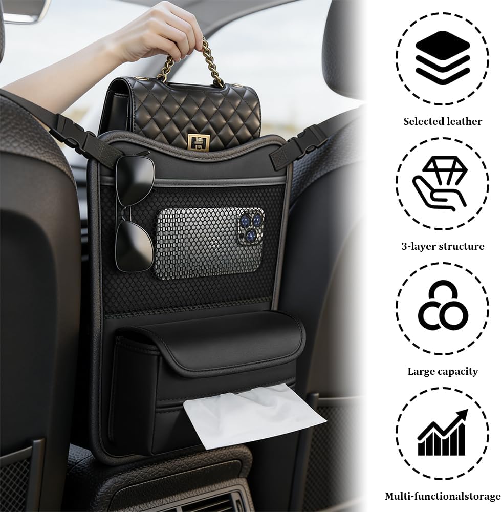 Car Organizer Storage Between Seats, Car Purse Holder, Nappa Leather Front Seat Storage Bag with Tissue Holder, Large Capacity Auto Console Organizer for Document Phone Wallet Snack (Black)
