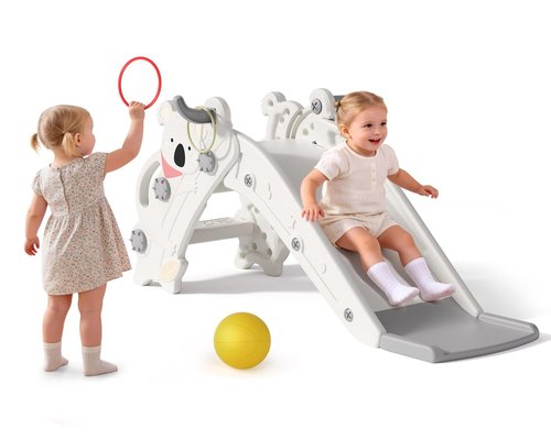 Babytronic Toddler Slide - 4-in-1 Indoor & Outdoor Playground with Climber, Basketball Hoop & Ring Toss | Cream & Gray