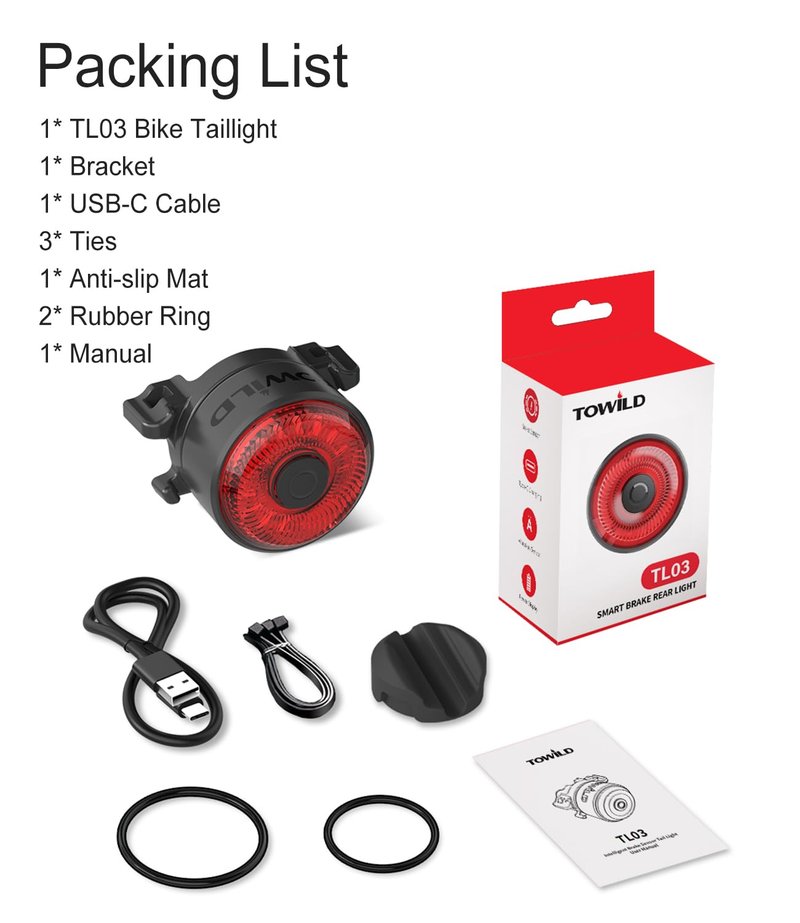 TOWILD TL03 Bike Tail Light Smart Brake Sensing Bike Rear Lights,Type-C Cable Waterproof Bicycle Back Lights Led Rechargeable Auto On/Off Flash Strobe Safety Red Taillight for Road Cycling Commuting
