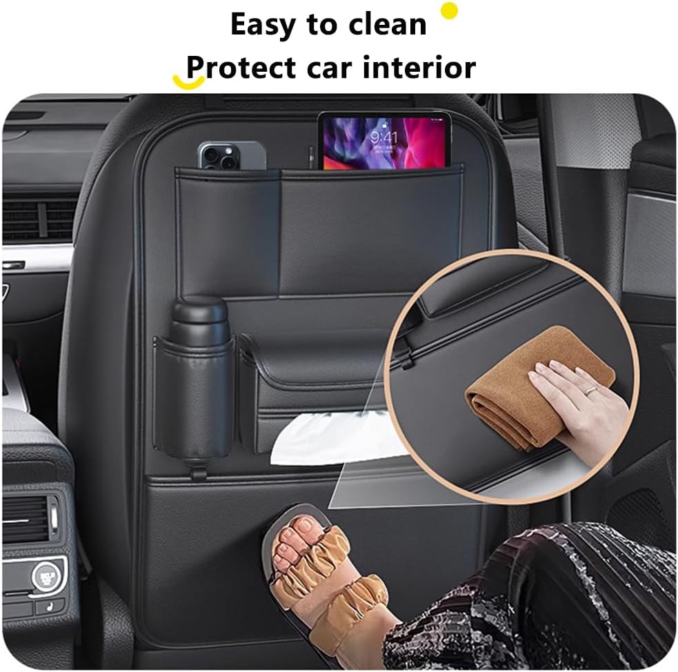 Tumecos Car Backseat Storage Bag,Seat Back Organizer with Tissue Box,Multifunctional Kick Mat,Backseat Protector Cover Pad,Large Capacity Seat Back Storage Hanging Bag(Style A)