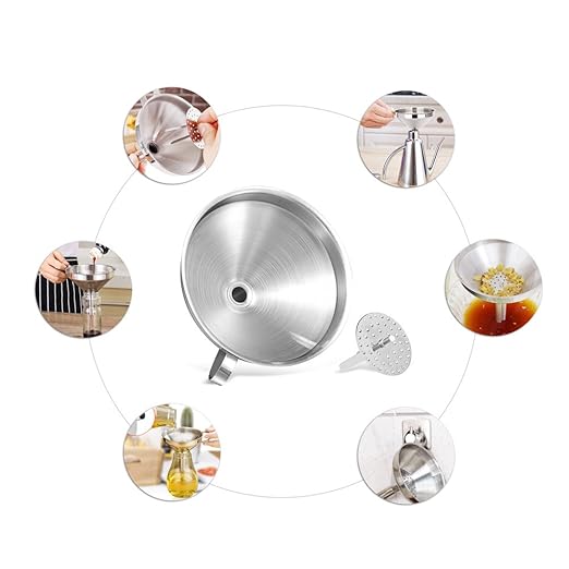 5-Inch Food Grade Stainless Steel Kitchen Funnel with Strainer Filter for Transferring of Liquid Dry Ingredients and Metal Cooking Funnel—Silver