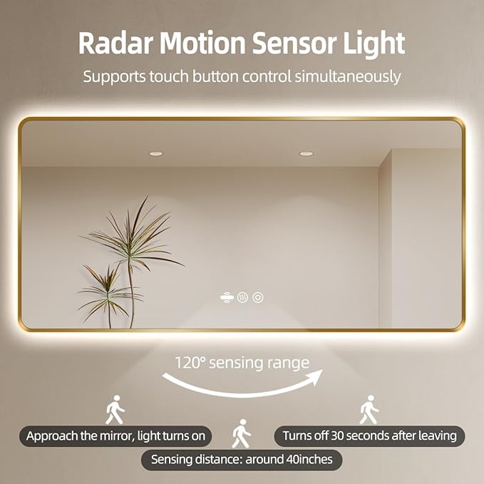 66 x 36 Gold LED Bathroom Mirror, Metal Framed Rounded Corner Rectangle Backlit Mirror Bathroom, Anti-Fog, 3-Color Stepless Dimmable Lighted Mirror, Motion Sensor Lights, Memory Function