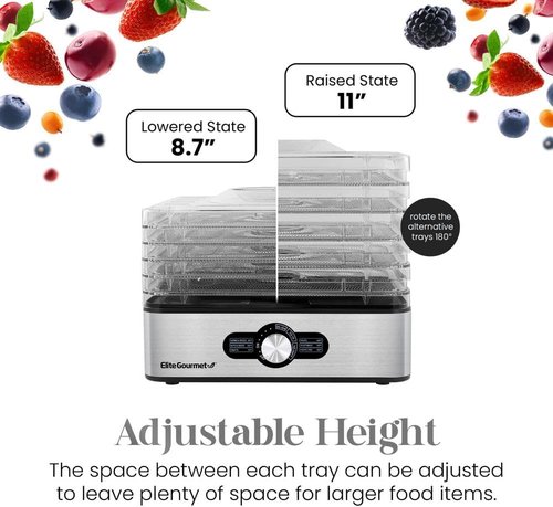Elite Gourmet Food Dehydrator - Stainless Steel Trays with Adjustable Temperature Control | Perfect for Jerky, Herbs, Fruits, and Veggies