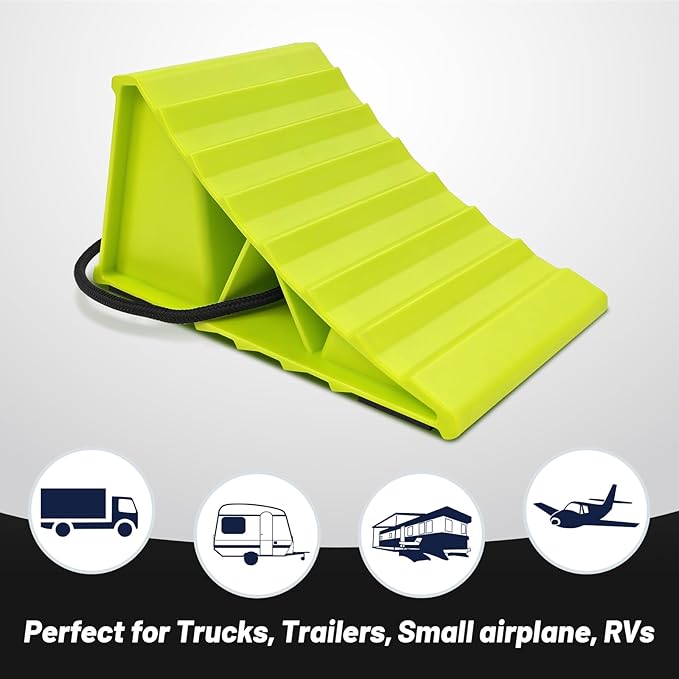 HOXWELL 2 Pair Wheel Chocks for Travel Trailers, Non Slip Heavy Duty Green Wheel Chock with Rope, Lightweight Wheel Stoppers for Cars Campers Trucks RVs, Easy to Carry & Suitable for Most Tyre Sizes