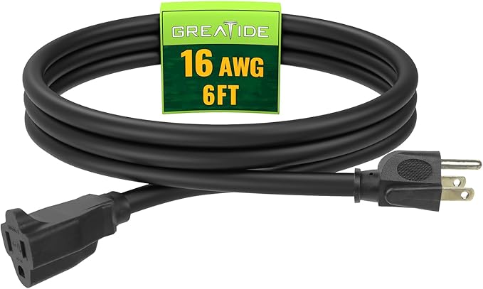 Extension Cord 6 FT, Outdoor 16/3 SJTW Weatherproof Black Electrical Cords, 13 AMP 3 Prong Power Cable Great for Garden, Landscaping & Holiday Decorations
