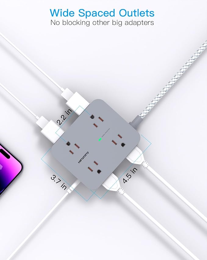 Surge Protector Power Strip 10 Ft Cord, HANYCONY Extension Cord with Multiple Oulets, 8 AC Outlets 4 USB (2 USB C) Ports, Flat Plug, Wall Mount Desk USB Charging Station for Home