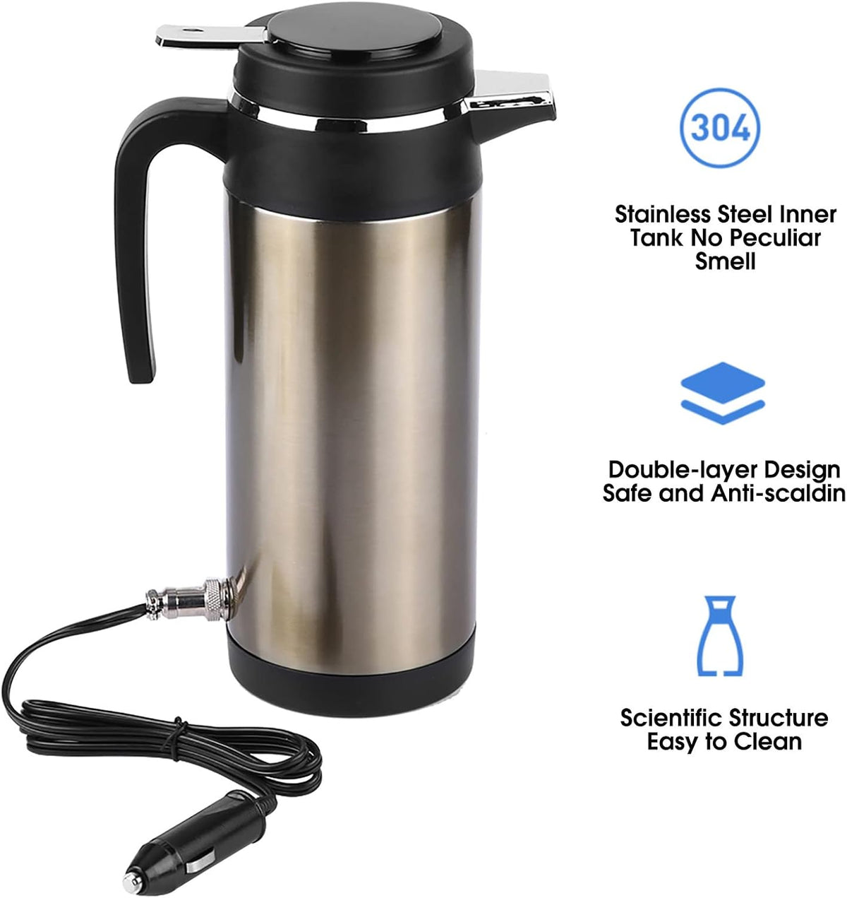 Acouto 12V Car Electric Kettle 1000ML Stainless Steel Car Electric In-car Kettle Travel Thermoses Heating Water Bottle Heating Cup