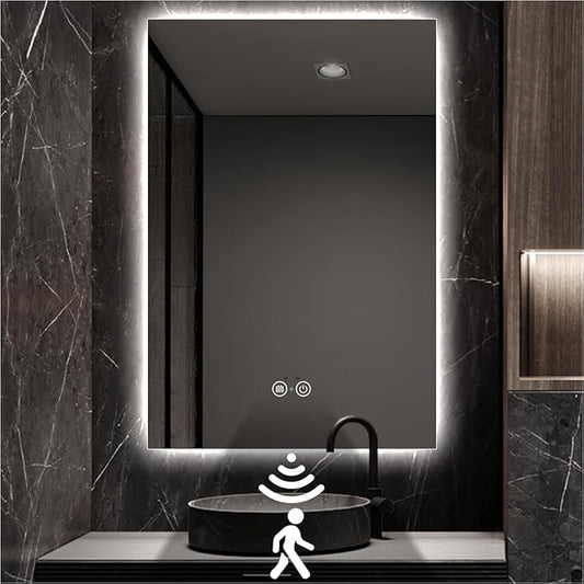 Backlit LED Bathroom Mirror, Infrared Motion Sensor Vanity Mirror with 3-Color Lights, Stepless Dimmable Wall Lighted Mirror with Anti-Fog, Memory, Rectangular (36" H x 24" W)