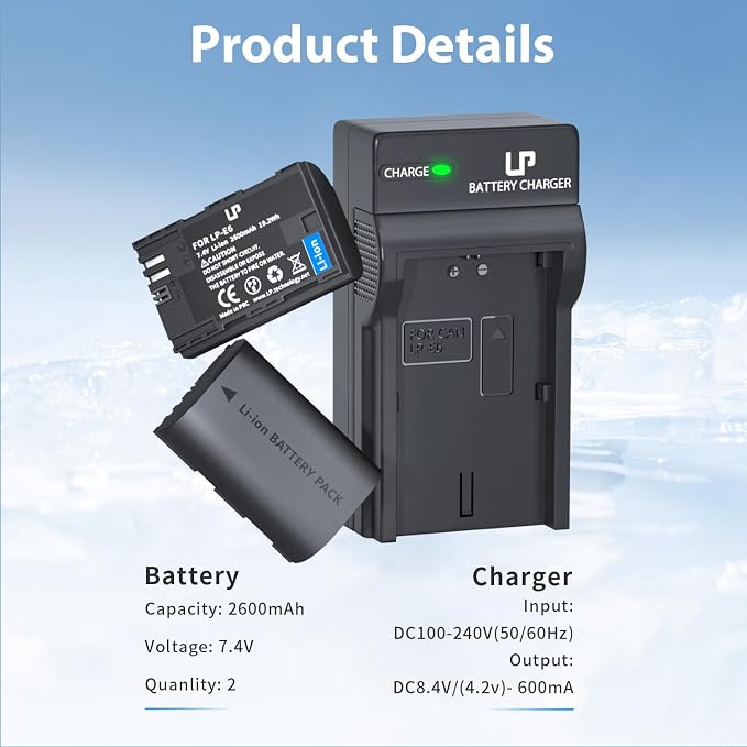 LP LP-E6 LP-E6N Battery and Charger Pack, 7D Mark II, 6D Mark II, 5D Mark IV
