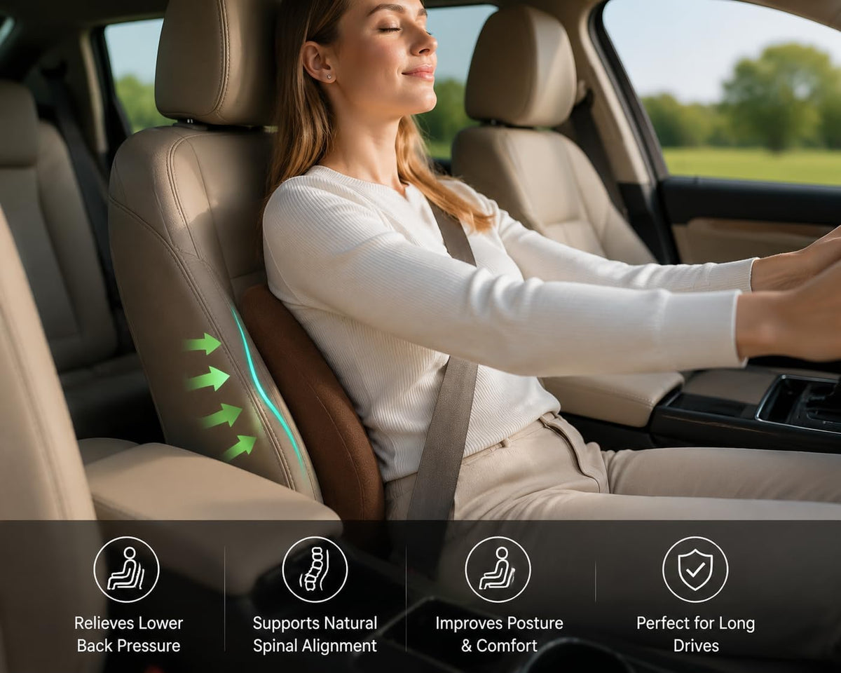Lumbar Support Pillow for Car, Ergonomic Memory Foam Back Cushion for Driving Comfort, Breathable Lower Back Support for Car Seat, Truck, SUV & Office Chair (Black)