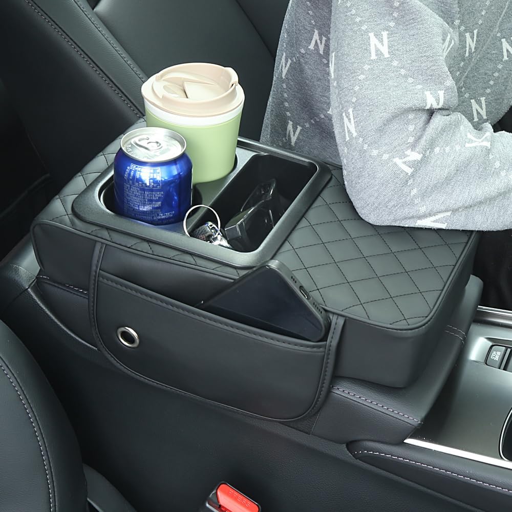 Universal Car Armrest Cushion Organizer - PU Leather Center Console Pad with Cup Holder, Phone Storage & Side Pockets, Multifunctional Armrest Cover for Most Vehicles