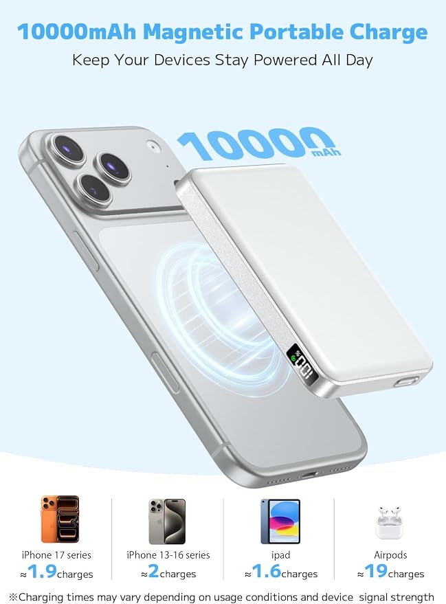 golioklsy for Magsafe Portable Charger,10000mAh Power Bank with Type-C 20W PD Fast Charging, Lightweight and Slim, LED Display for Magsafe Battery Pack for iPhone 17/16/15/14 All Series, White