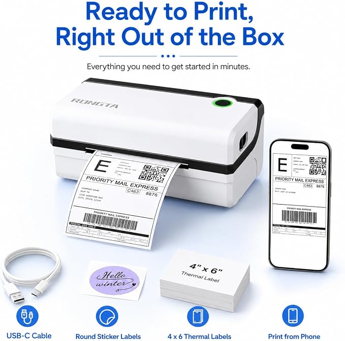 Rongta Bluetooth Thermal Shipping Label Printer, Wireless 4x6 Shipping Label