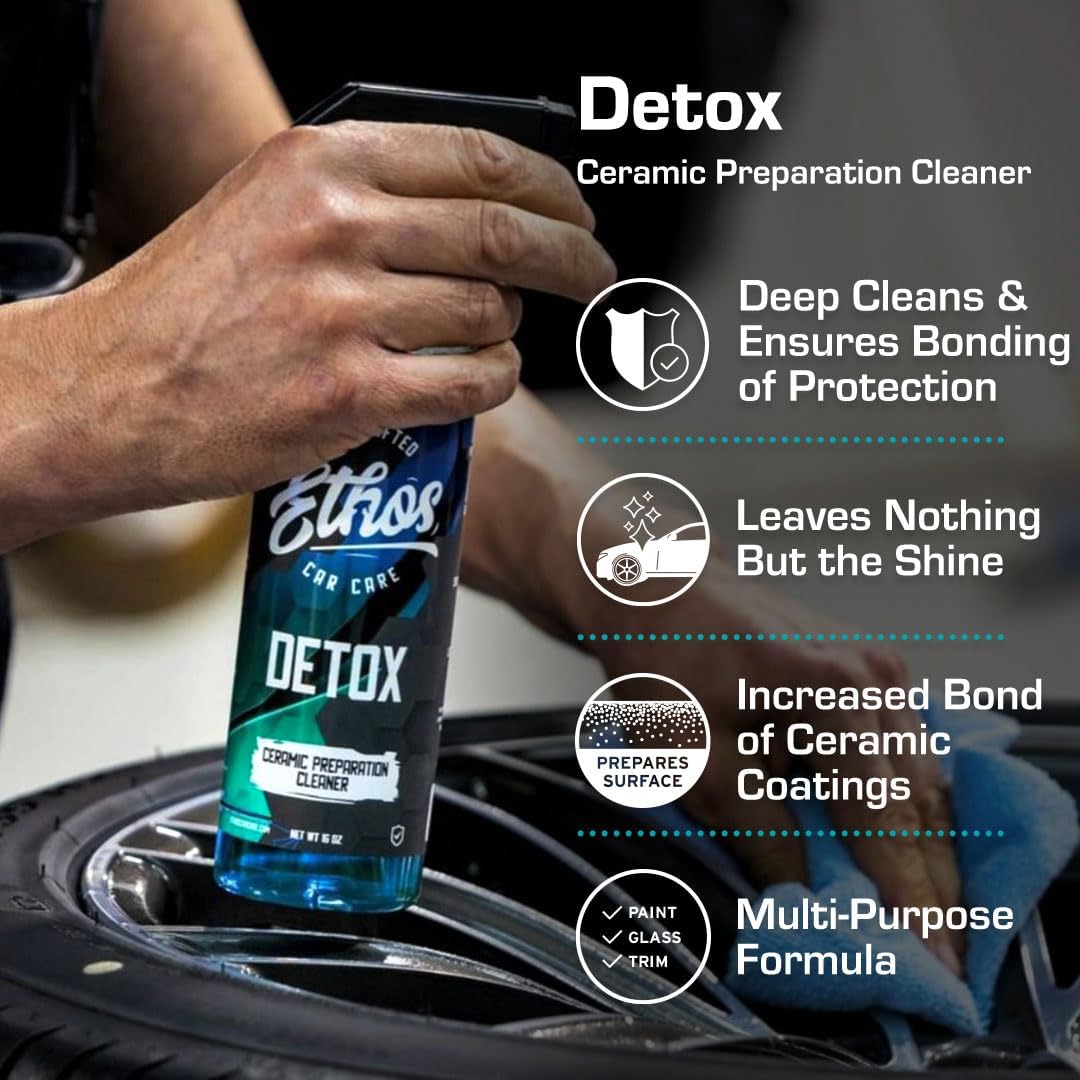 Ethos Detox - Ceramic Coating Prep Spray, Panel Wipe, Glass Cleaner - Prep Ceramic Coating, Wax, or Sealant - Multi-Purpose Formula - Leaves Nothing But the Shine