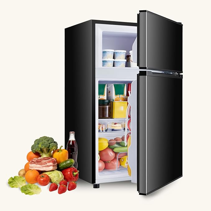 Mini Fridge with Freezer, 3.2 Cu.Ft Mini Refrigerator, Small Beverage Fridges with Adjustable Thermostat, for Bedroom, Office, Dorm, Dual Door, Quiet & Energy Saving, Black
