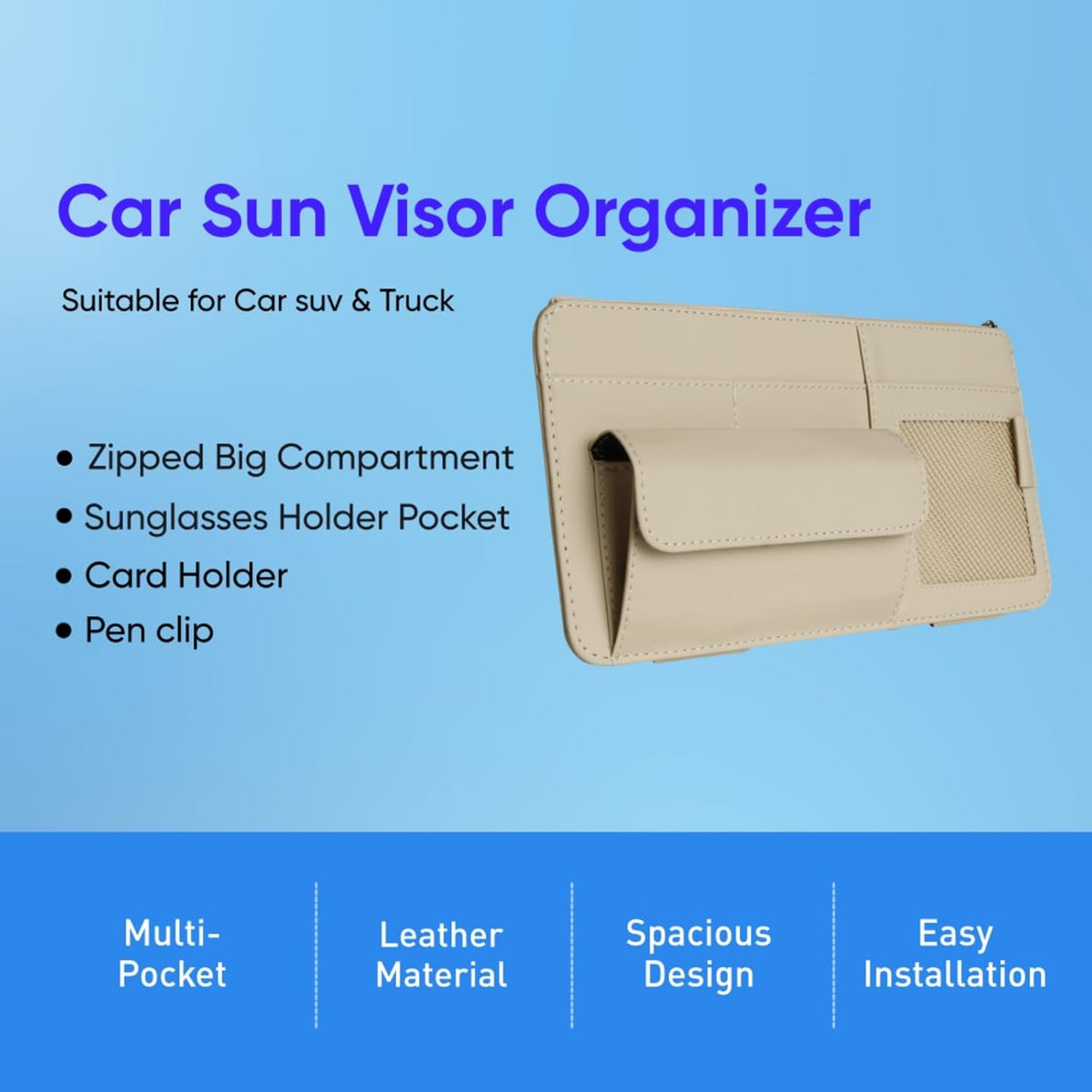 Car Visor Organizer, Multi-Pocket Sunvisor Storage with Sunglass Holder, Document Holder and Visor Card Clip, Fit for AUTO SUV & Truck, Leather Car Accessories Interior (Black)