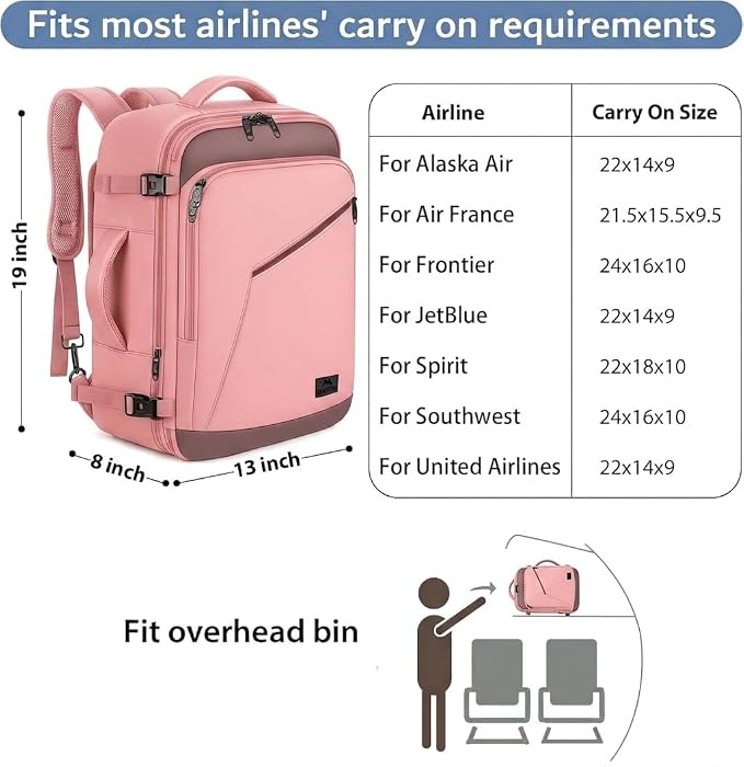 MATEIN Pink Travel Backpack for Women, 40L Water Resistant Carry on Backpack