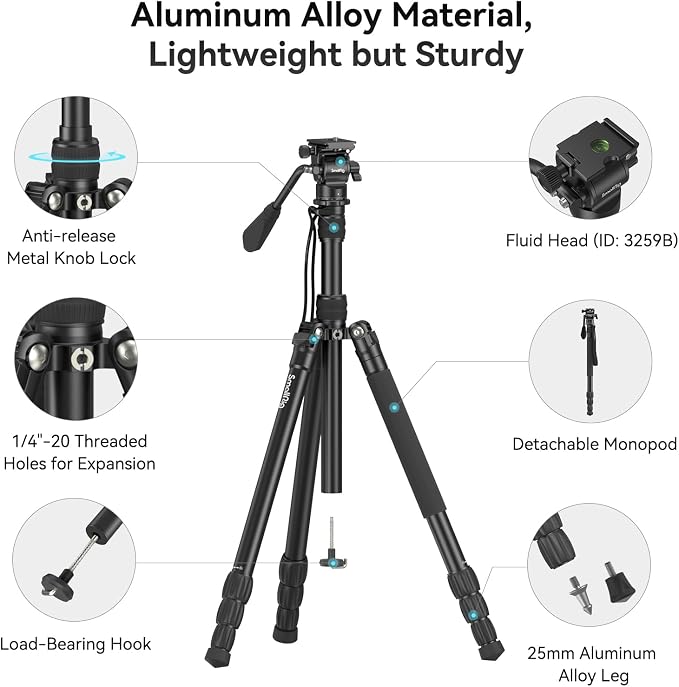 SmallRig CT180 Video Tripod, Aluminum Camera Tripod, 360° Panorama Fluid Head