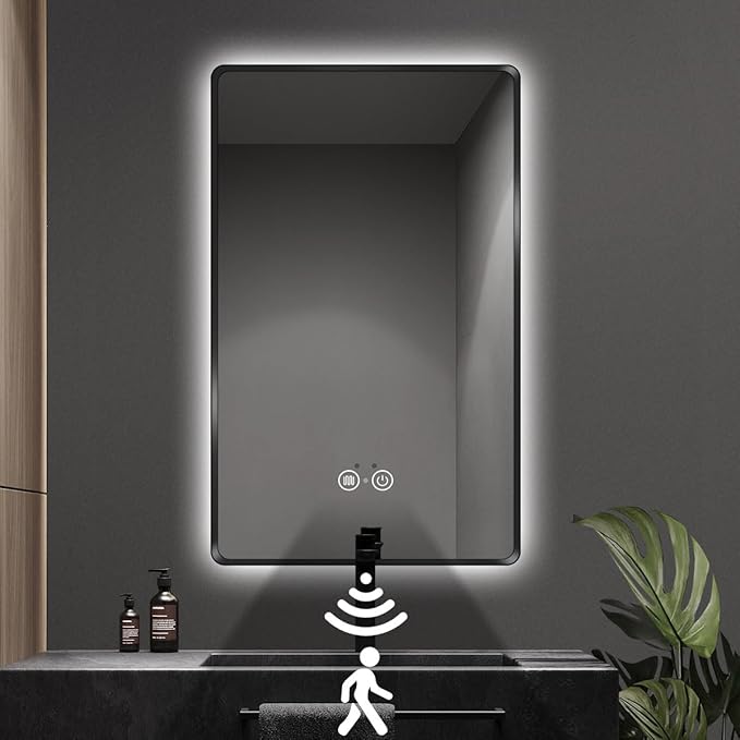 Black LED Mirror for Bathroom, 32"x24" Smart Bathroom Mirror with Lights, Motion Sensor, Anti-Fog, Stepless Dimmable & 3-Color, Backlit Wall Mirror, Rounded Corner, CRI≥93, UL-Listed