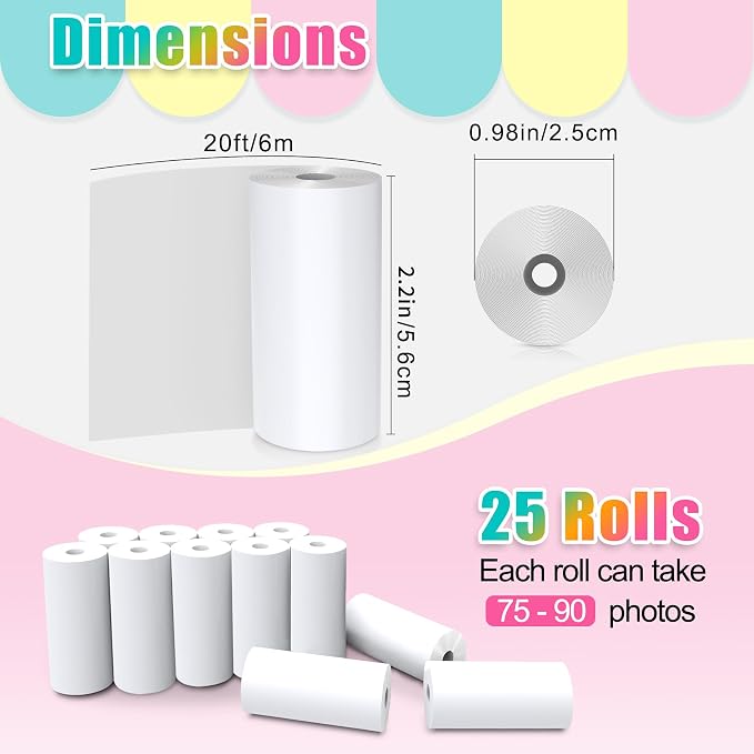 25 Rolls Instant Print Camera for Kids Refill Print Paper