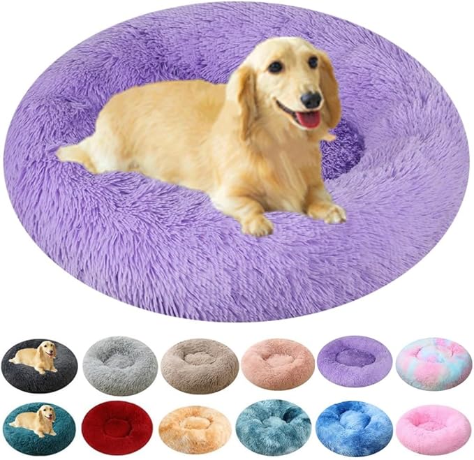 Calming Small Dog Bed & Cat Bed, 16 Inch Donut Fluffy Anti-Anxiety Round Bed Washable Cute Bed, Cuddler Warming Cozy Soft Bed, Plush Cushion Bed for Small Medium Dogs and Cats (Purple)