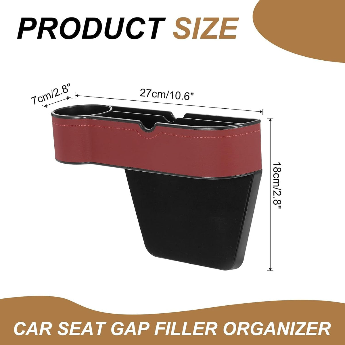 HARFINGTON Car Seat Gap Filler Organizer 10.6 x 7.1 x 2.8 Inch ABS+Leather Universal Car Organizer Storage Box Between Seat and Console (Left) with Cup Holders for Phone Keys, Wine Red