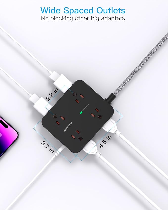 Extension Cord 6 Ft, HANYCONY Surge Protector Power Strip Long Cord 8 Outlets 4 USB Ports(2 USB C), Wall Mount, 1080J Surge Protection, Desk Charging Station for for Home Office Dorm Room Essentials