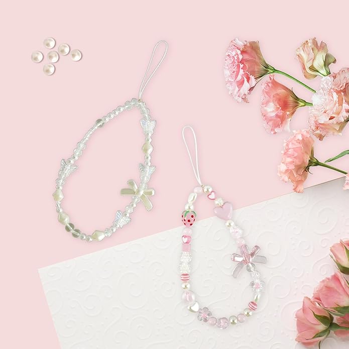 Pink Beaded Phone Wrist Straps, Y2K Phone Case Charms Camera Charm Strap