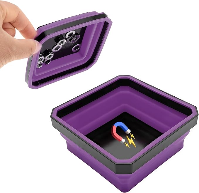 Collapsible Magnetic Parts Tray, 4.5 Inch Foldable Magnetic Square Silicone Tray, Tool Tray Set with Double-Sided Magnetic Base for Screw Bolts Nuts Pins, Car Accessories (Purple)