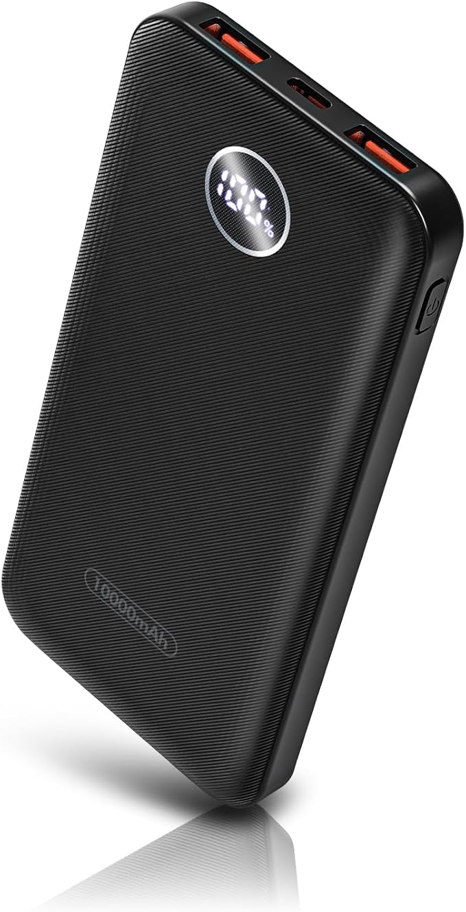 Portable Charger, Compact 10000mAh Power Bank with Type-C Cable, 22.5W Fast Charging External Battery Pack with LED Digital Display for iPhone and Android Black