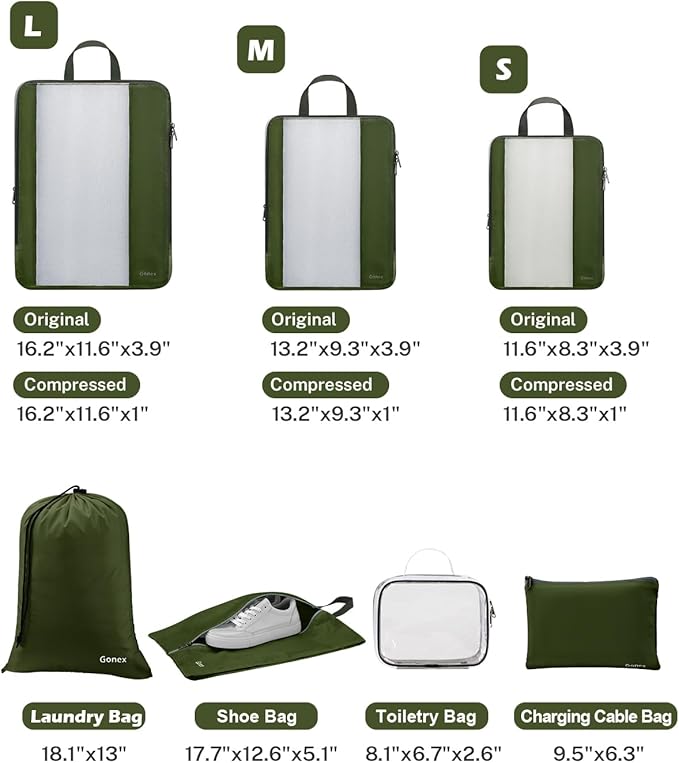 Gonex 8 Set Compression Packing Cubes for Travel, Expandable Mesh Packing Organizer for Travel Accessories Essentials with Toiletry Bag, Laundry Bag, Shoe Bag, Cable Bag for Carry On, Deep Green