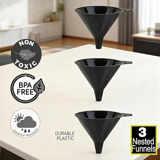 Plastic Funnel Set, Kitchen Funnels for Filling Bottles, Automotive Oil Funnels for Liquid Lubricants and Fluids, Leak-Proof Design Fits Cars, Motorcycles & Home Containers, Black