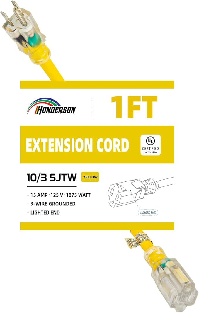 Extension Cord with Lighted End, UL Certified, 10 Gauge 1FT Yellow 3 Prong Heavy Duty, 10/3 SJTW 15A Power Cord for Lights, Lawn